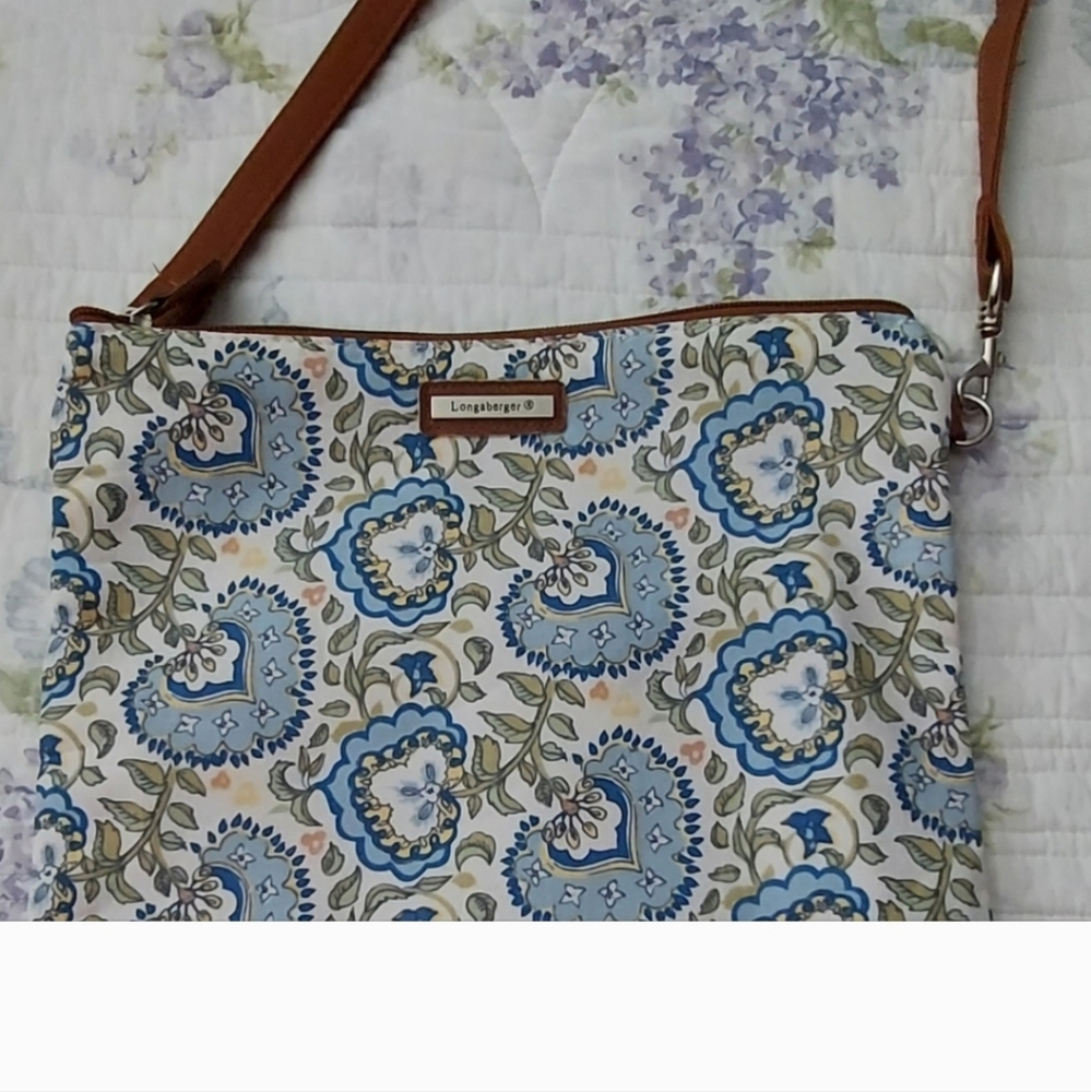 New Longaberger Small Blue and Brown Crossbody Bag with Paisley Print
